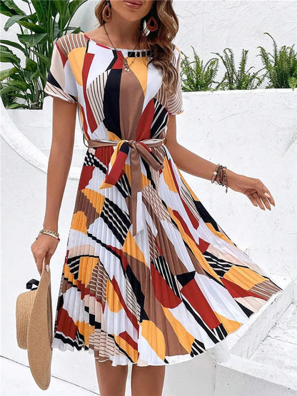 Msfilia Summer Print Pleated A Line Long Dress Women Short Sleeve High Waist Spring Round Neck Chic Dress With Belt