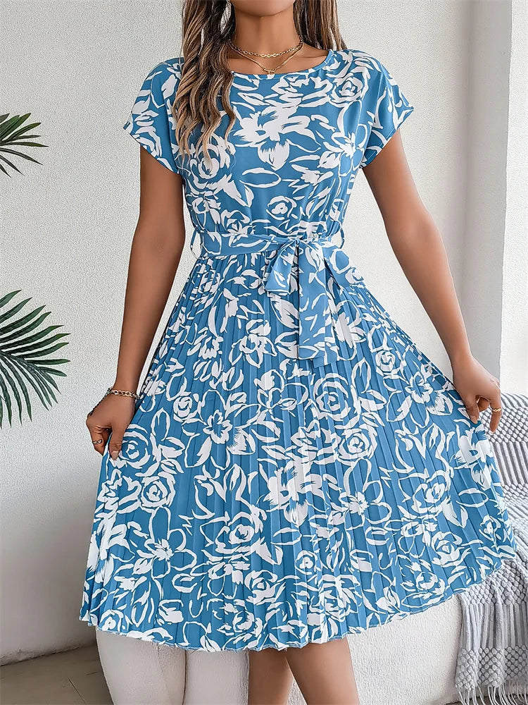 Msfilia Summer Print Pleated A Line Long Dress Women Short Sleeve High Waist Spring Round Neck Chic Dress With Belt