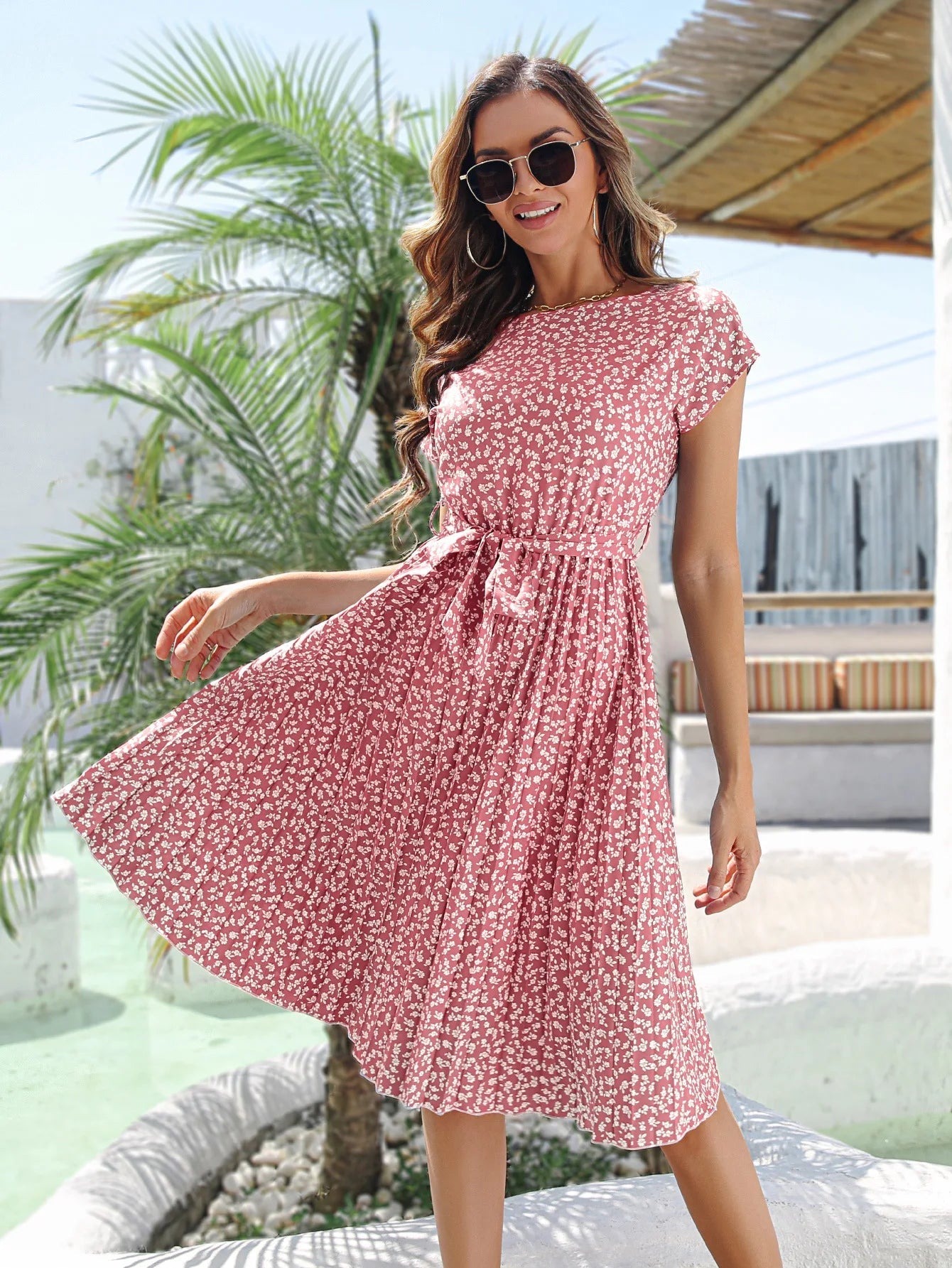 Msfilia Summer Print Pleated A Line Long Dress Women Short Sleeve High Waist Spring Round Neck Chic Dress With Belt