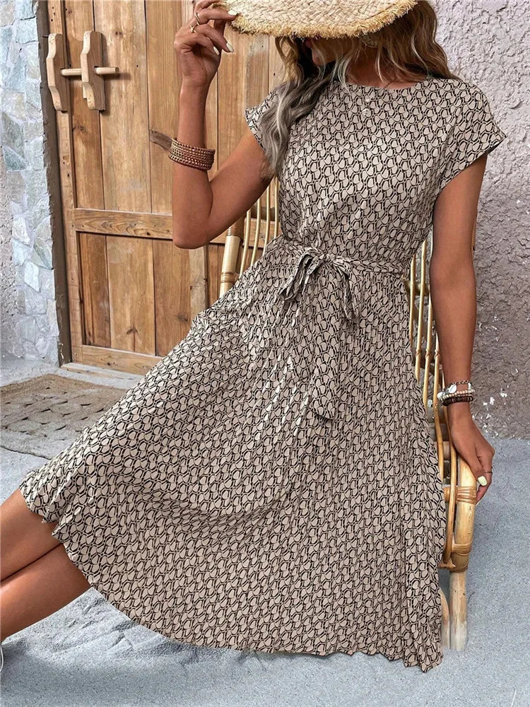 Msfilia Summer Print Pleated A Line Long Dress Women Short Sleeve High Waist Spring Round Neck Chic Dress With Belt