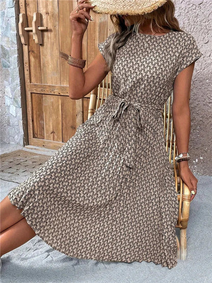 Msfilia Summer Print Pleated A Line Long Dress Women Short Sleeve High Waist Spring Round Neck Chic Dress With Belt