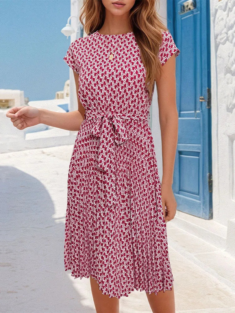 Msfilia Summer Print Pleated A Line Long Dress Women Short Sleeve High Waist Spring Round Neck Chic Dress With Belt