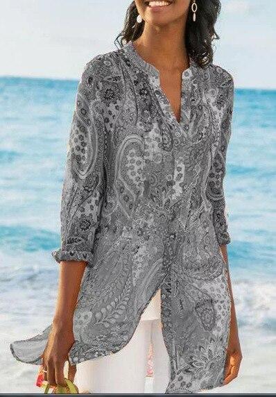 Plus Size Long Bohemian Jersey Nine Quarter Print Stand Regular Shirts