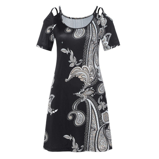 New Fashion Womens Short Sleeve Print Strapless Shoulder Mini Dress