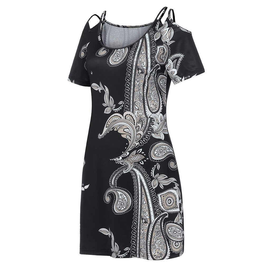New Fashion Womens Short Sleeve Print Strapless Shoulder Mini Dress