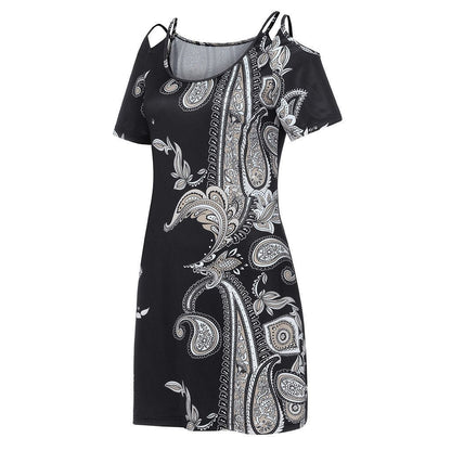 New Fashion Womens Short Sleeve Print Strapless Shoulder Mini Dress