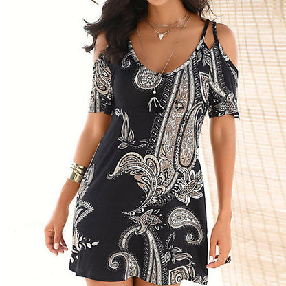 New Fashion Womens Short Sleeve Print Strapless Shoulder Mini Dress