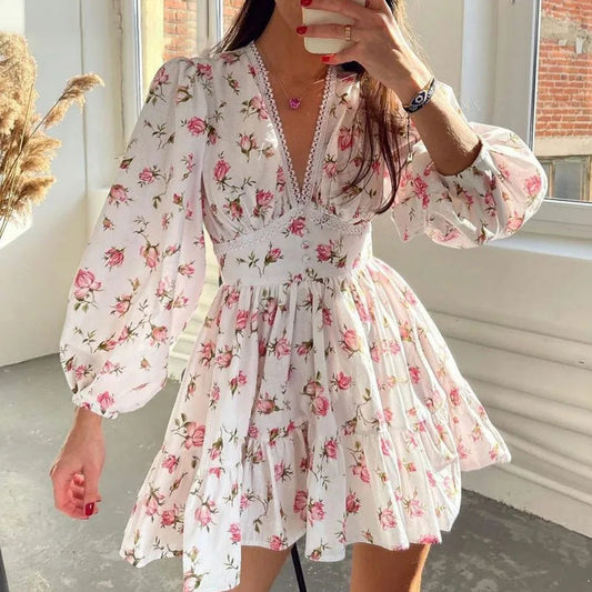 New Fashion Womens Floral Print Mini Dress Summer Long Sleeve Deep V Neck High Waist A-Line Dress Street Style Hot Sale S-Xl