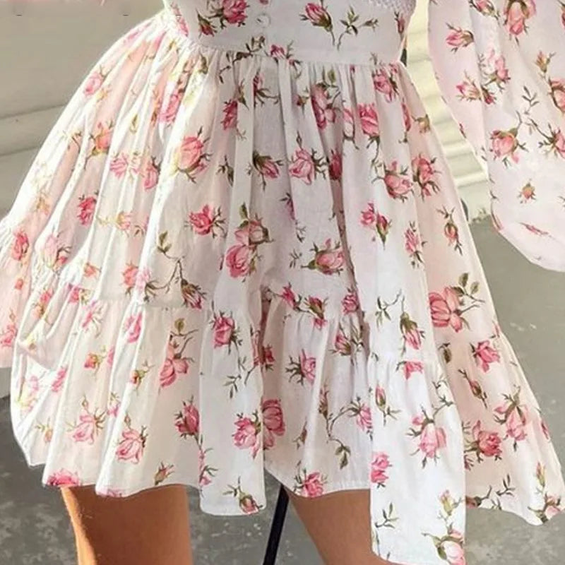 New Fashion Womens Floral Print Mini Dress Summer Long Sleeve Deep V Neck High Waist A-Line Dress Street Style Hot Sale S-Xl