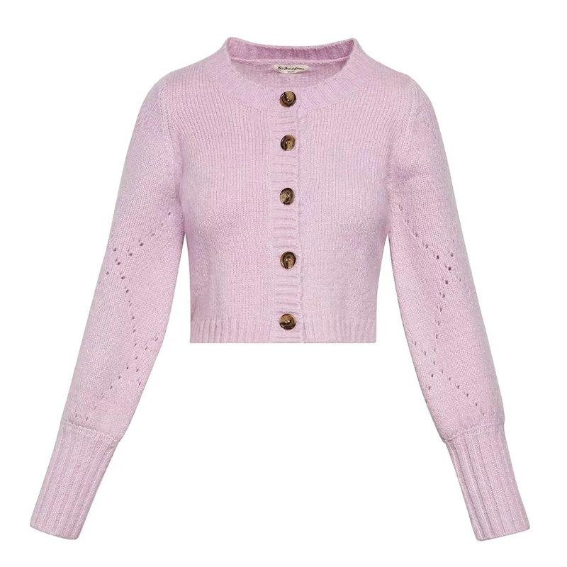 Lose Long Sleeve Solid Color Hollow Out Knit Short Cardigan Sweater Outwear