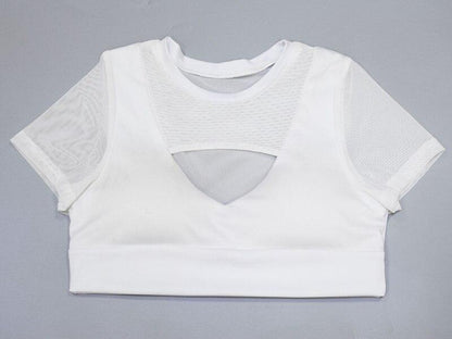 New Arrival Women Mesh Patchwork Yoga Shirt Hollow Out Short Sleeve Fitness Gym Sportswear Clothing Summer Sexy Crop Top