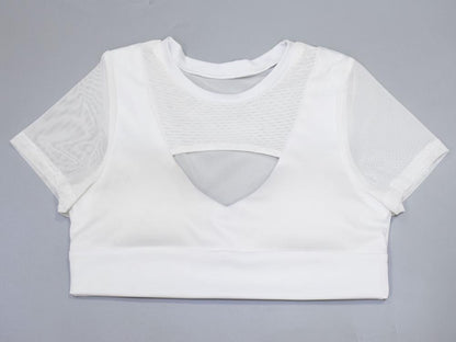 New Arrival Women Mesh Patchwork Yoga Shirt Hollow Out Short Sleeve Fitness Gym Sportswear Clothing Summer Sexy Crop Top