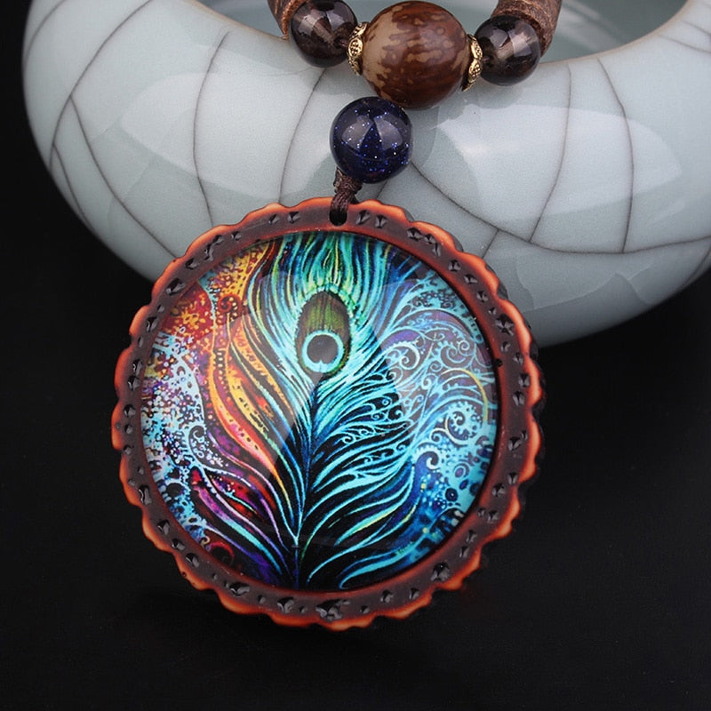 New Design Fashion Peacock Feather Ethnic Necklace,Nepal Jewelry Handmade Sandalwood Long Sweater Vintage Jewelry Necklace