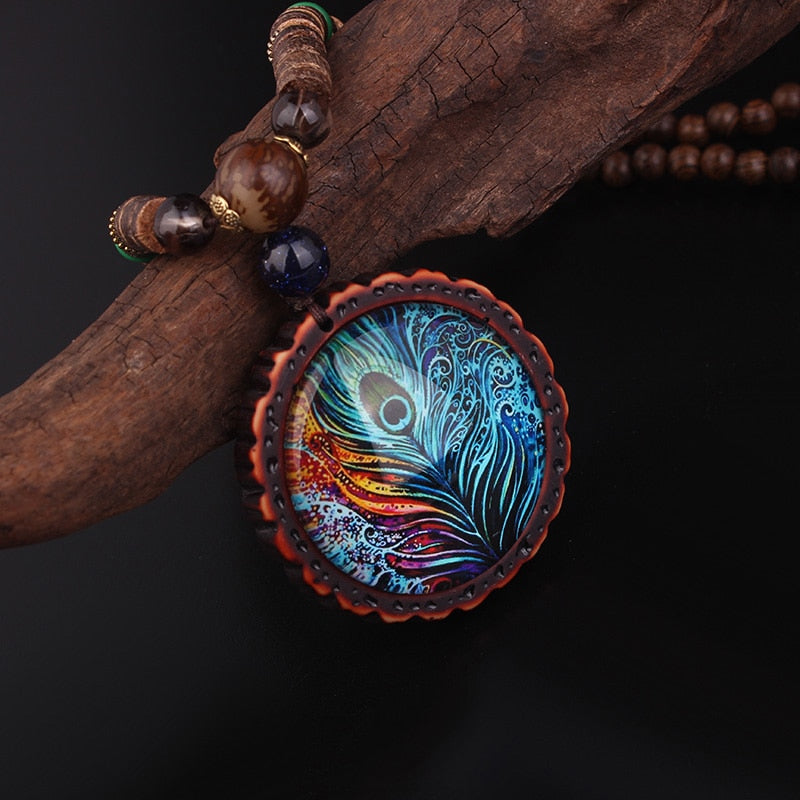 New Design Fashion Peacock Feather Ethnic Necklace,Nepal Jewelry Handmade Sandalwood Long Sweater Vintage Jewelry Necklace