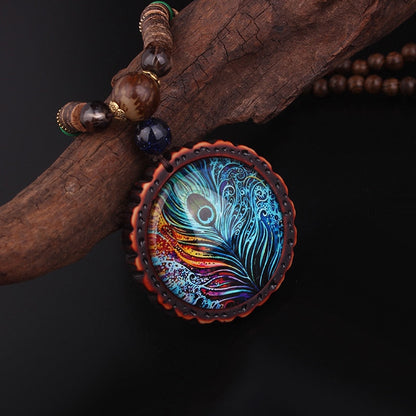 New Design Fashion Peacock Feather Ethnic Necklace,Nepal Jewelry Handmade Sandalwood Long Sweater Vintage Jewelry Necklace