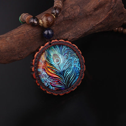 New Design Fashion Peacock Feather Ethnic Necklace,Nepal Jewelry Handmade Sandalwood Long Sweater Vintage Jewelry Necklace