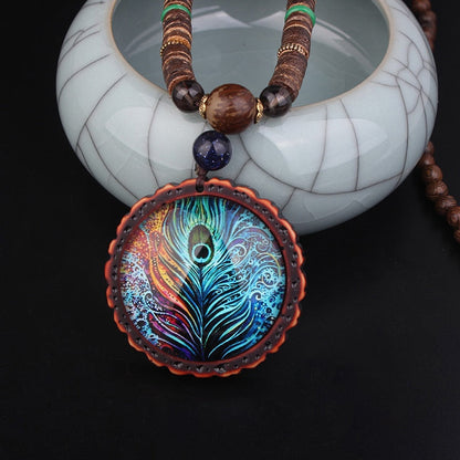 New Design Fashion Peacock Feather Ethnic Necklace,Nepal Jewelry Handmade Sandalwood Long Sweater Vintage Jewelry Necklace