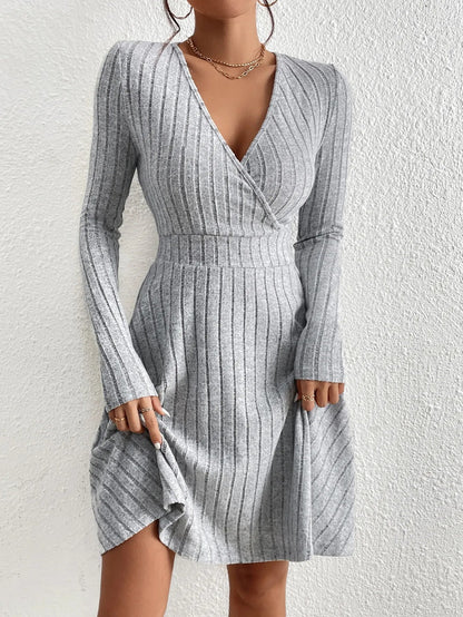 New For Autumn/Winter 2024 Women Knit Slim Sexy Bodycon Dress V-Neck Long Sleeve Dress Solid Casual Midi Sweater Dress