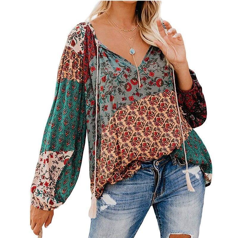 Women Autumn Blouse Floral Print Long Loose V-Neck Pullover Drawstring Shirt