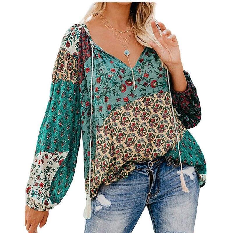Women Autumn Blouse Floral Print Long Loose V-Neck Pullover Drawstring Shirt