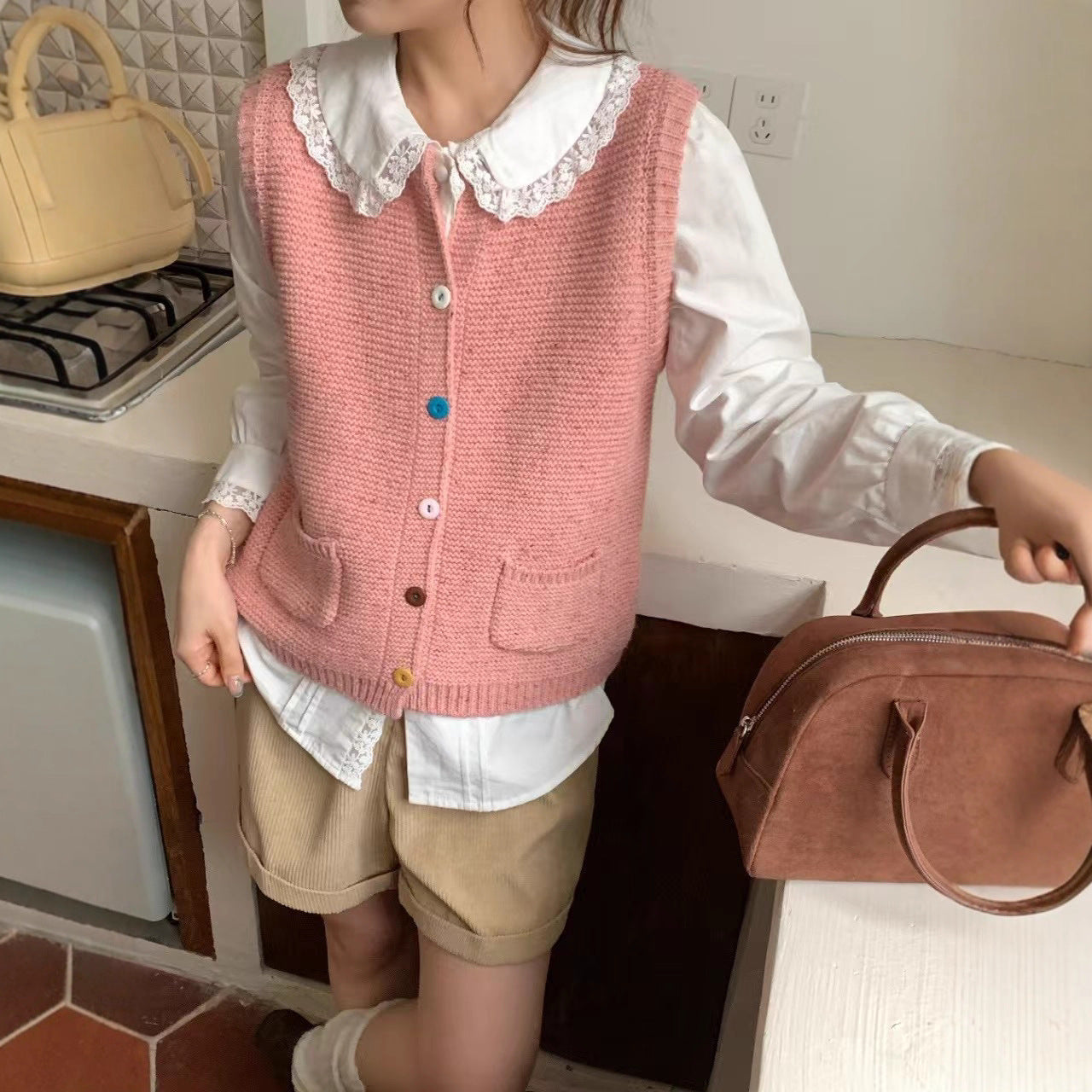 Trendy Knitted Wool Vest with Button Design for Women