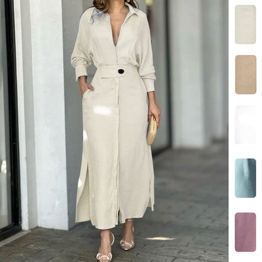 Women's Elegant V-Neck Maxi Dress with Belted Waist
