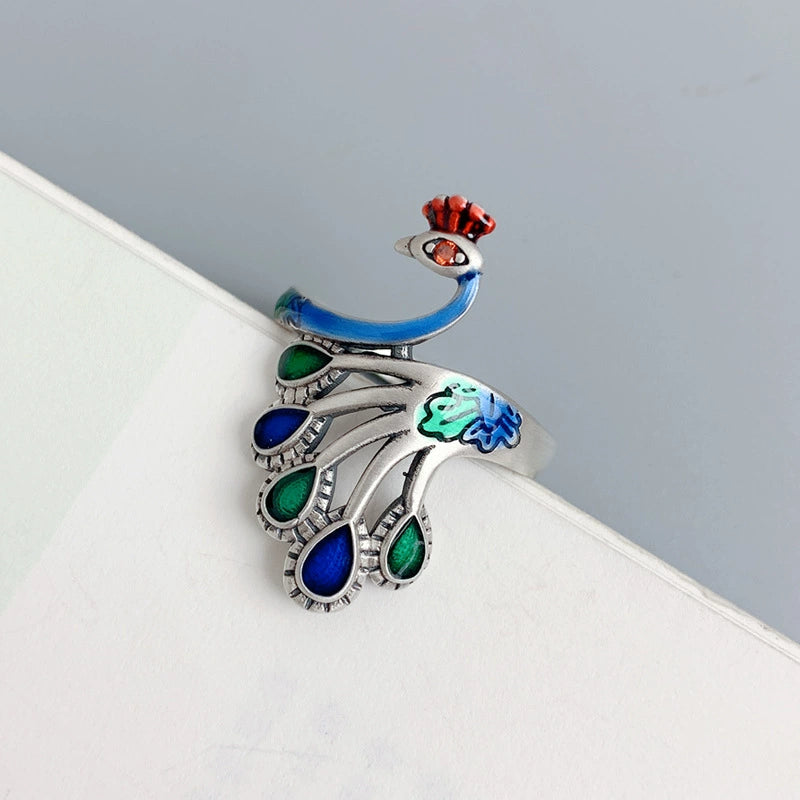 Sterling Silver Retro Thai Silver Ethnic Style Classical Ring Women'S Light Luxury Open Index Finger Fashion Personality Exaggerated Peacock Phoenix