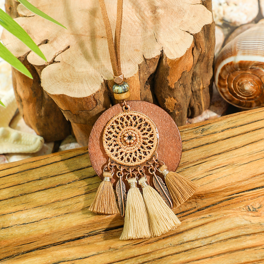 Bohemian Dreamcatcher Tassel Earrings and Wooden Necklace Set