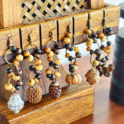Botanical Pattern Wooden Bead Dangle Earrings