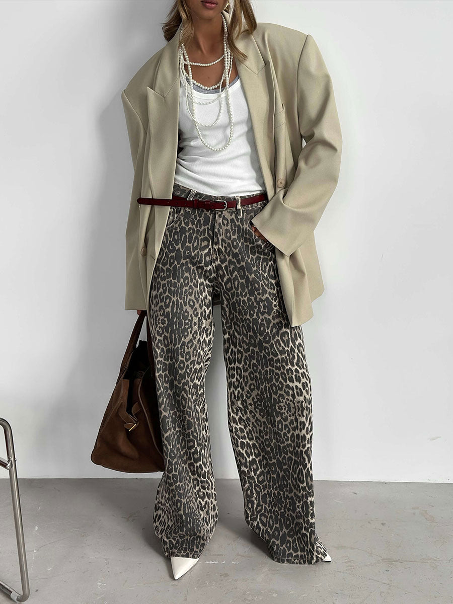 Leopard Print Wide Leg Pants Casual Street Style