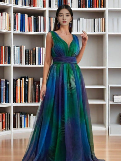 Floral Print Deep V-Neck Chiffon Maxi Dress For Women