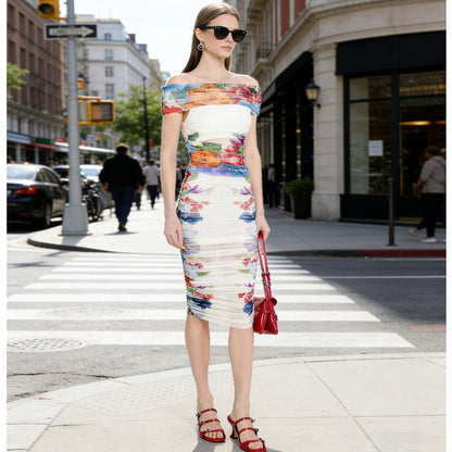 Fashionable One-Shoulder Mesh Printed Top And Elastic Midi Skirt Set