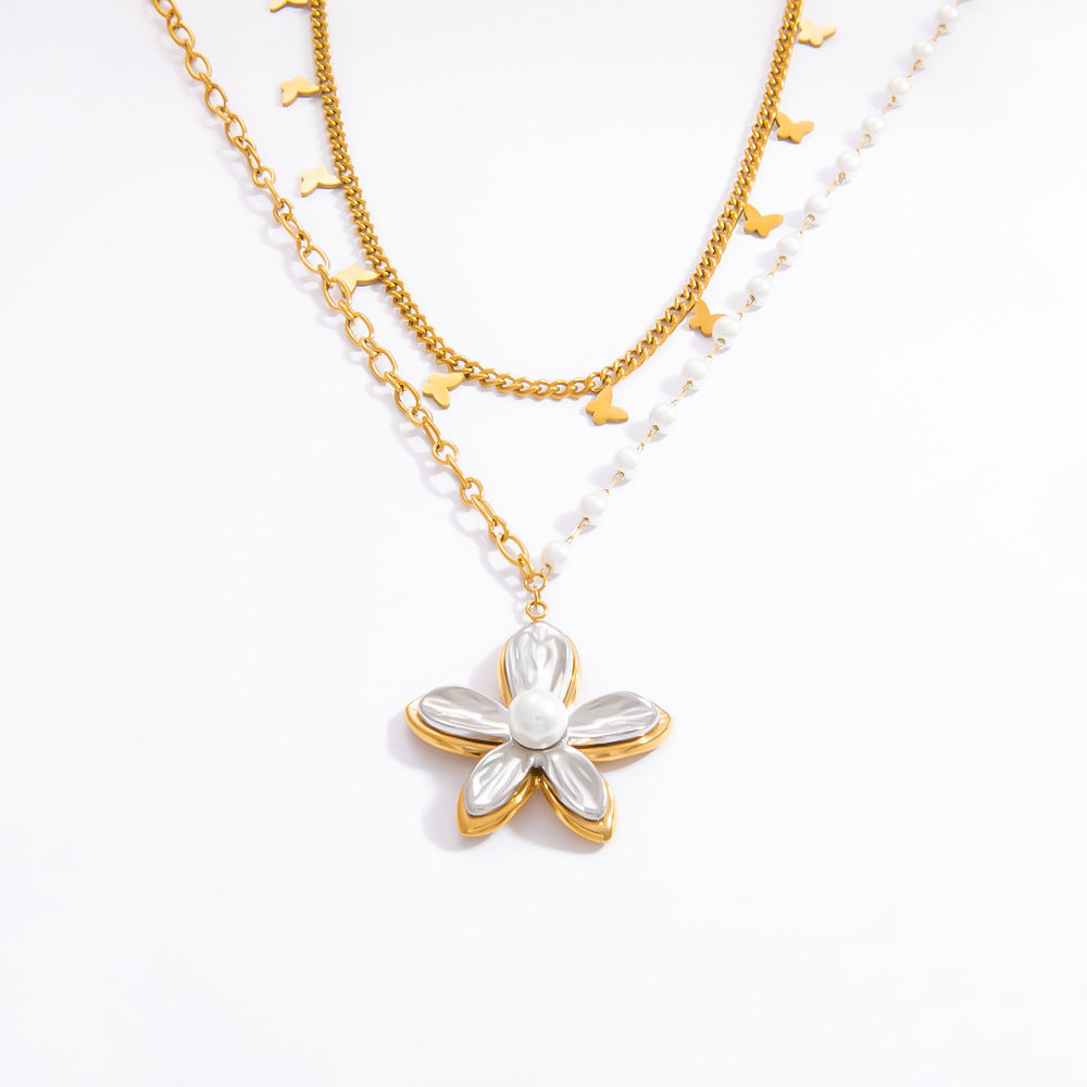 Geometric Pearl Pendant Necklace Stainless Steel 18K Gold Layered Design