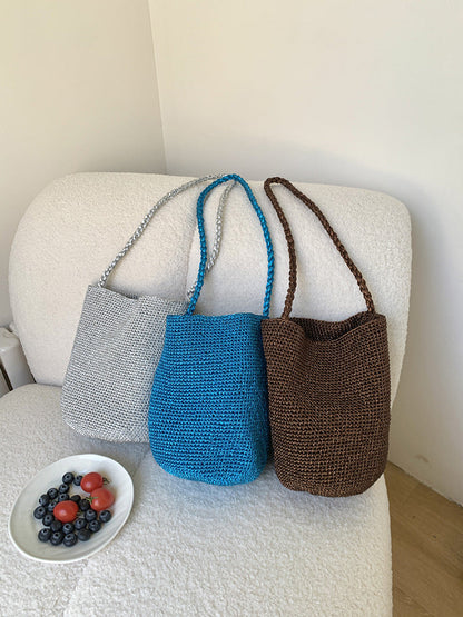 Trendy Metallic Bucket Bag Woven Shoulder Bag for Daily Use