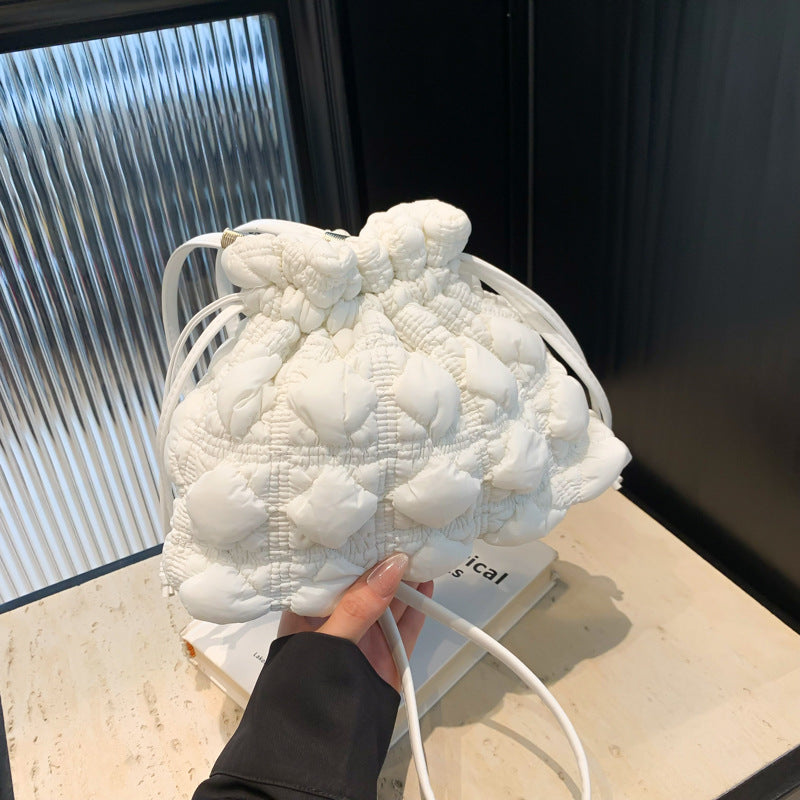 Ruffle Drawstring Bucket Bag Stylish Nylon Tote Bag