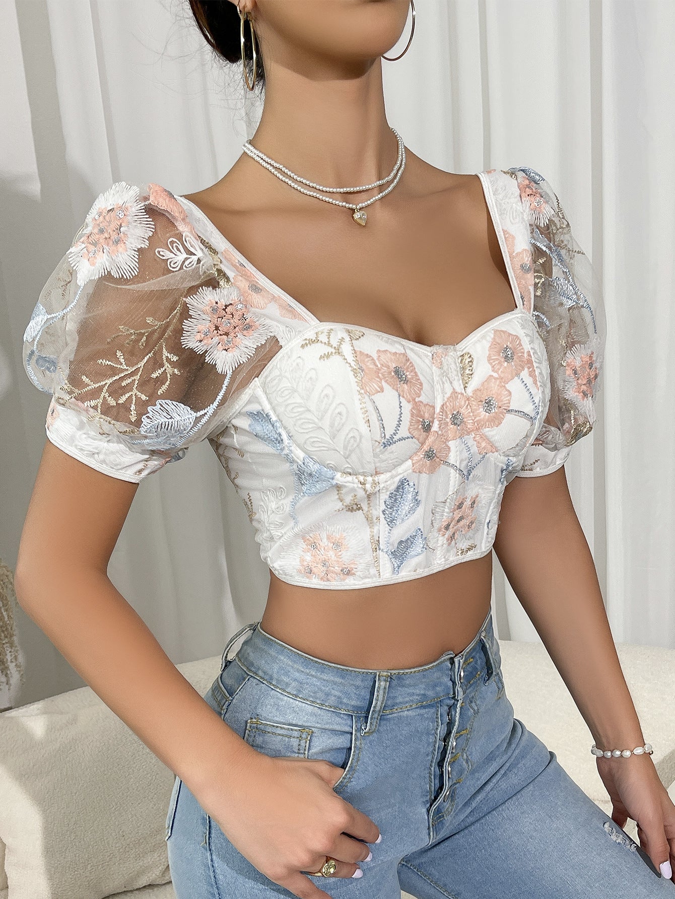 Floral Lace Bralette Top With Puff Sleeves