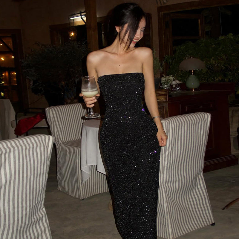 Sleek Black Strapless Pencil Dress With Rhinestones