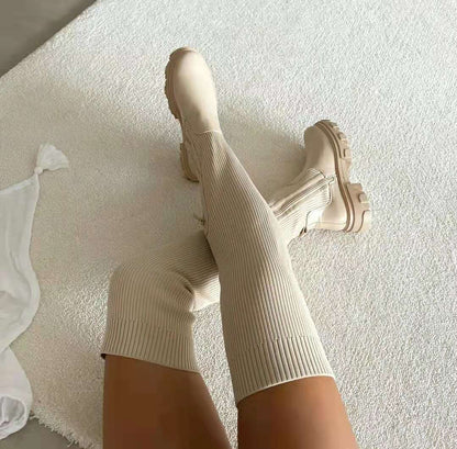 Platform Over-The-Knee Boots Women'S Stretch Wool High Boots Round Toe Breathable Single Shoe