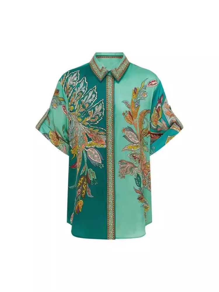Retro Floral Print Satin Short Sleeve Shirt and Pants Set