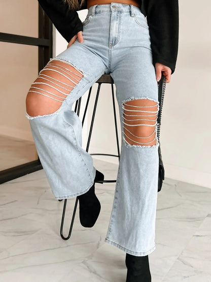 Distressed Chain Detail Straight Leg Women's Jeans