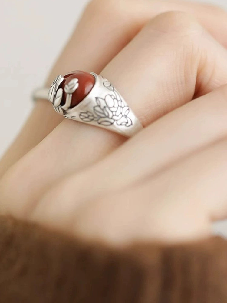 Agate Lotus S925 Silver Ring Women'S 2024 New Niche Design Retro Style Index Finger Ring Mother'S Day Gift