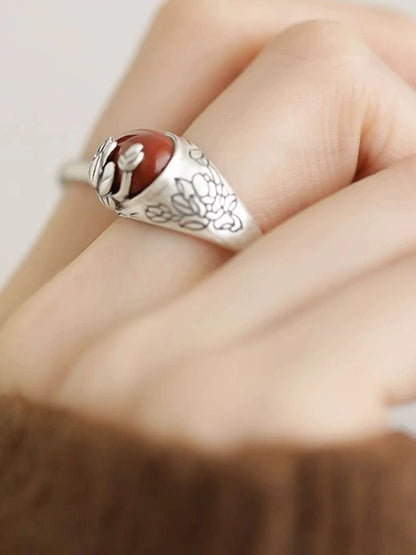 Agate Lotus S925 Silver Ring Women'S 2024 New Niche Design Retro Style Index Finger Ring Mother'S Day Gift