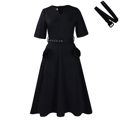 Elegant V-Neck A-Line Dress With Belt