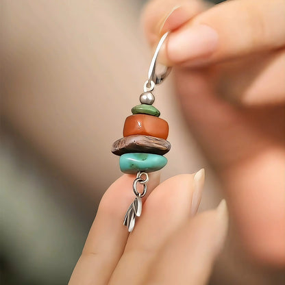 925 Silver New Tibetan Retro Turquoise Asymmetrical Earrings Beeswax Ear Hooks Female Bamboo Leaf Agarwood High Sense Versatile
