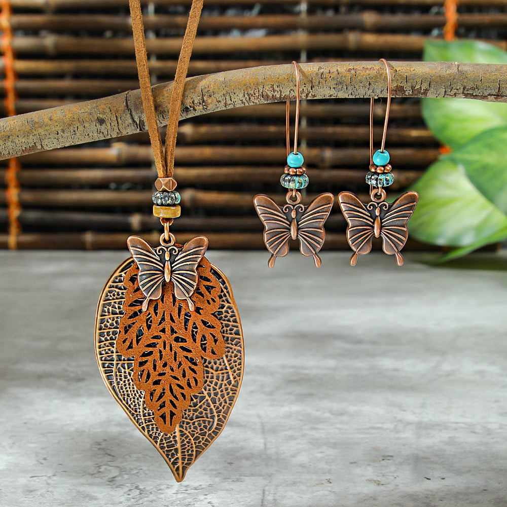 Bohemian Vintage Leaf Earrings With Dragonfly & Butterfly Zinc Alloy Sweater Necklace