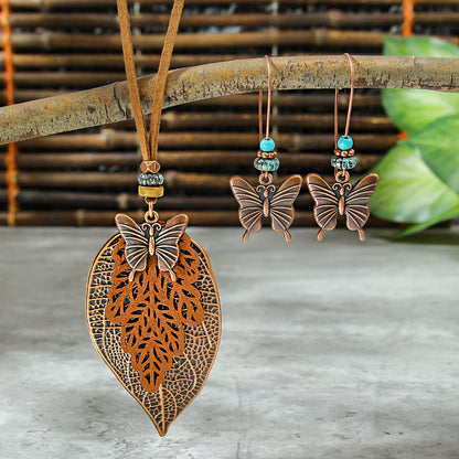 Bohemian Vintage Leaf Earrings With Dragonfly & Butterfly Zinc Alloy Sweater Necklace