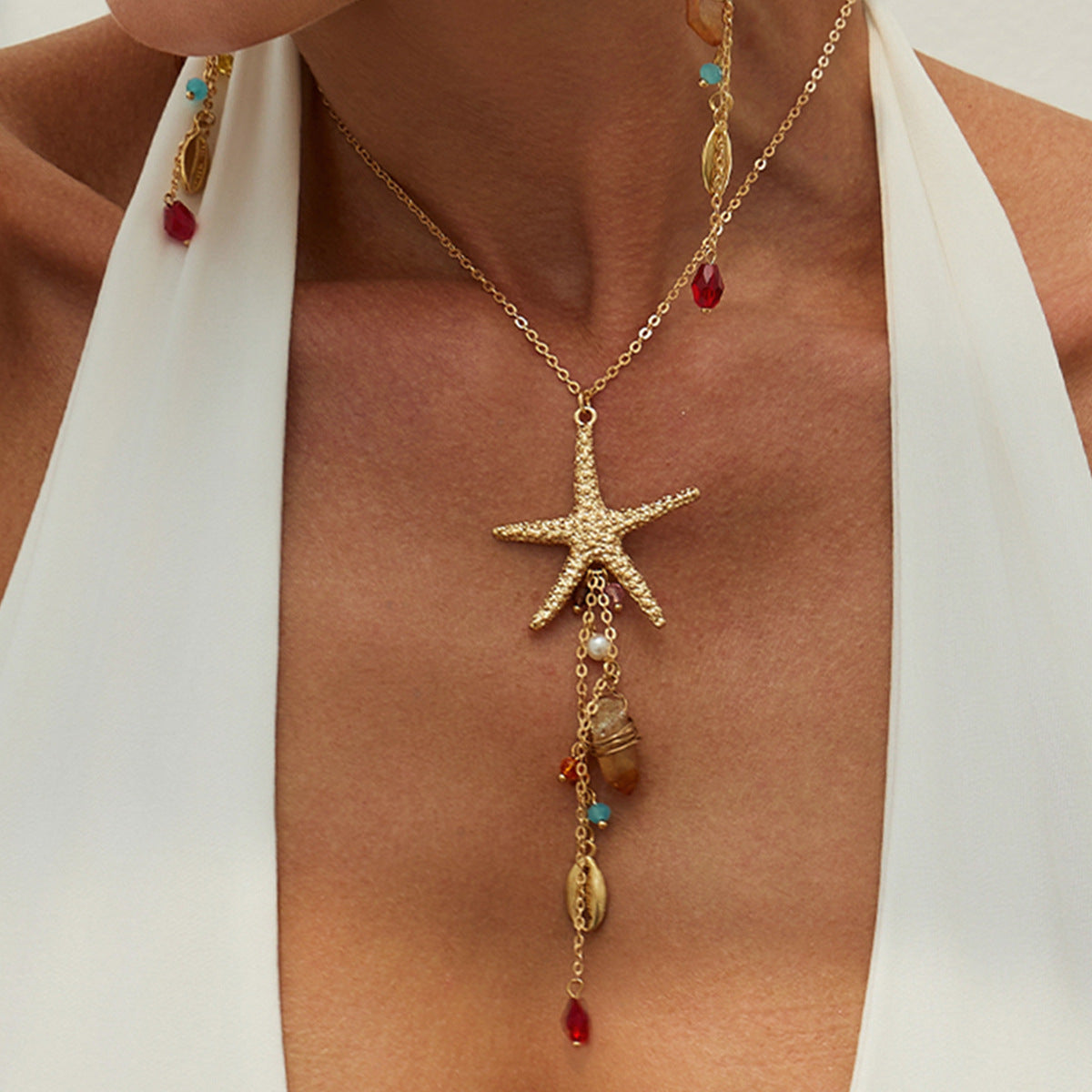 Bohemian Sea Star Shell Necklace With Irregular Crystal Pendant