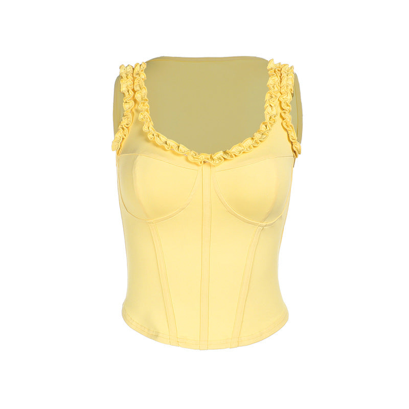 Sexy U-Neck Ruffle Hem Slim Fit Top