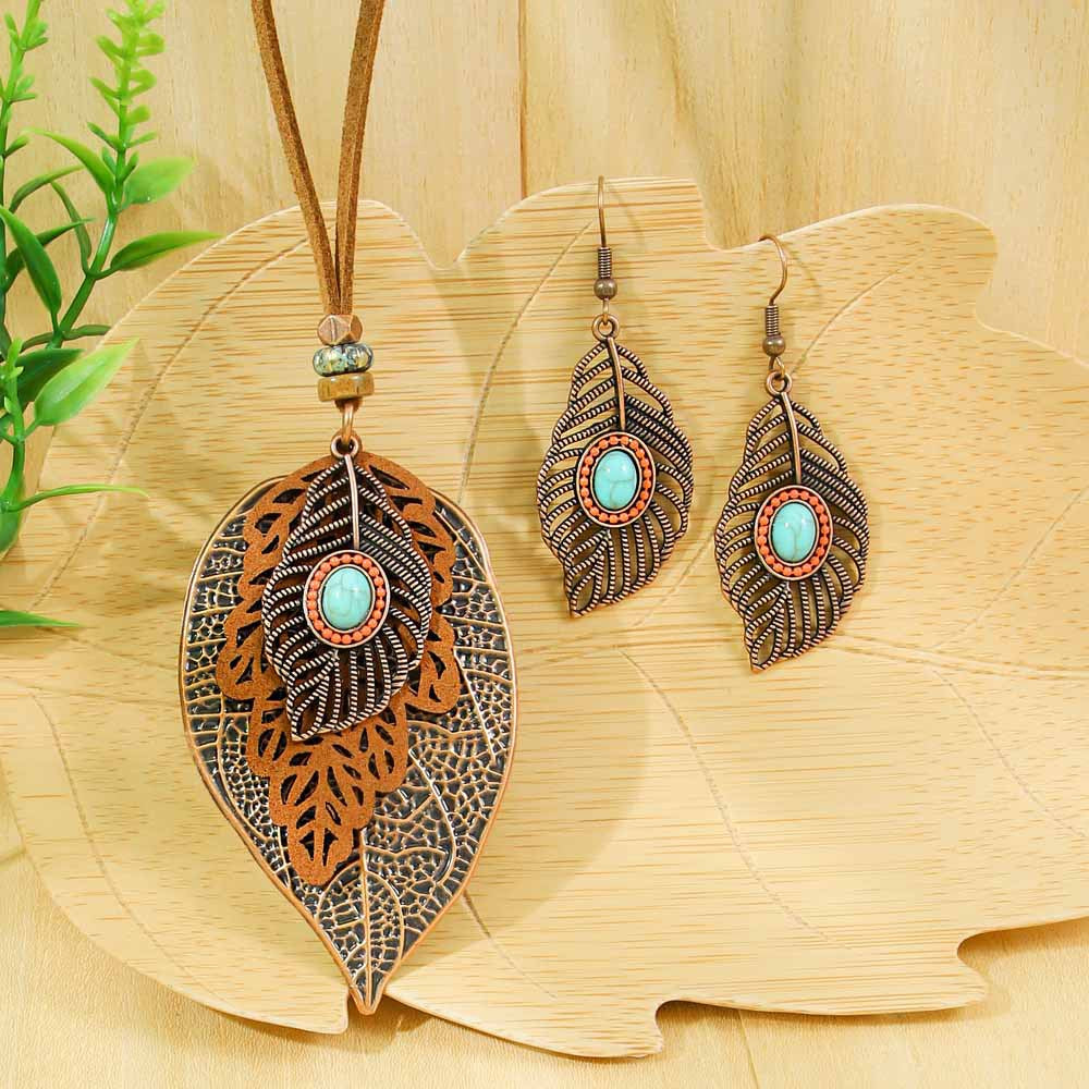 Bohemian Vintage Leaf Earrings With Dragonfly & Butterfly Zinc Alloy Sweater Necklace