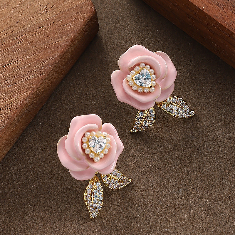 Elegant Rose Flower Stud Earrings With Zirconia - Stylish Floral Accessories